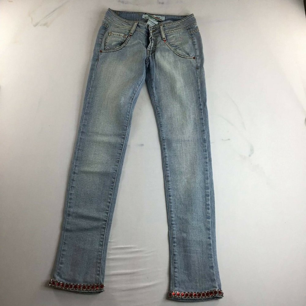 MET In Jeans Women's Skinny Fit Rhinestone Pockets Blue Jeans Casual Size 24
